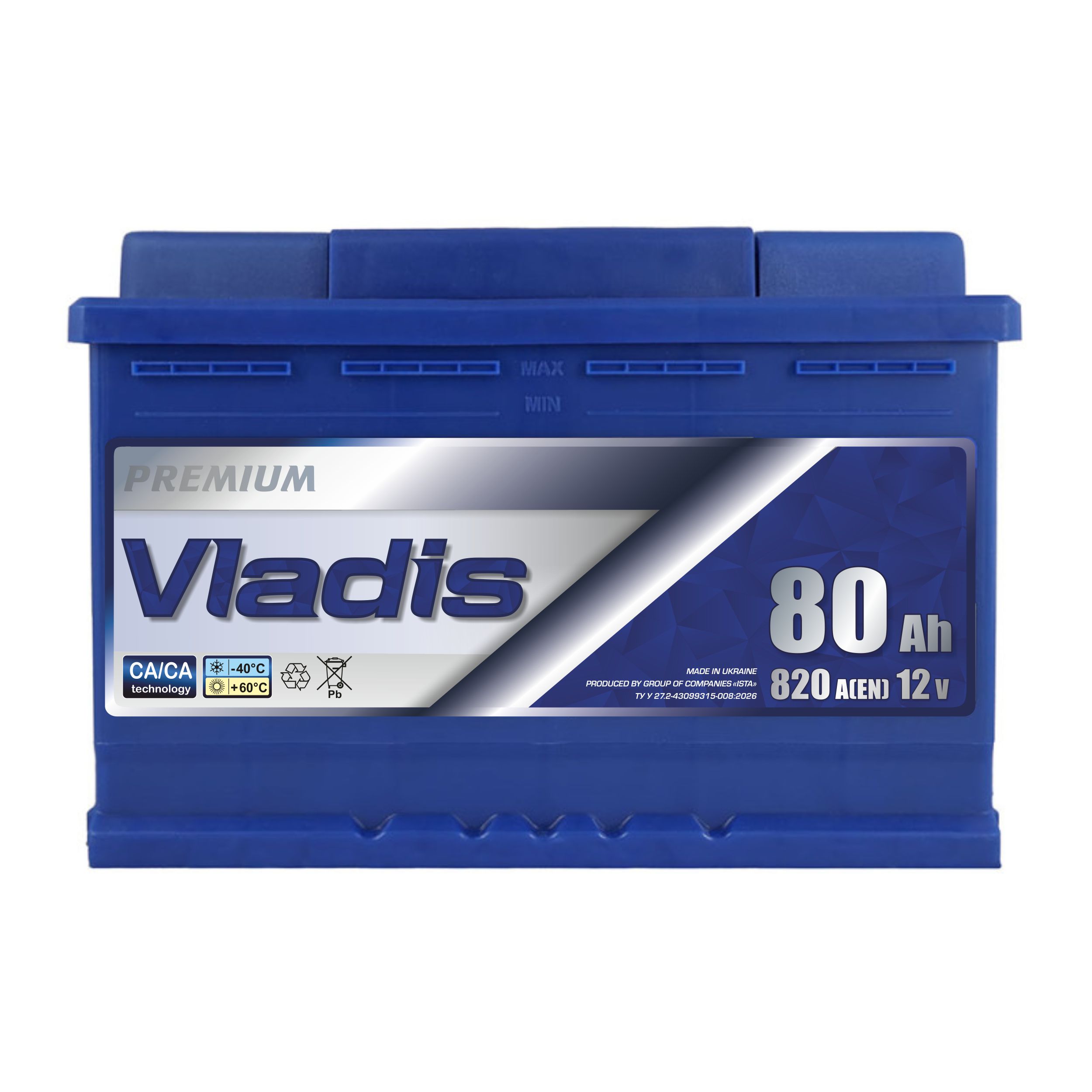 Акумулятор VLADIS PREMIUM 6СТ - 80Аh, 820A, плюс справа (R+), 276x175x190мм